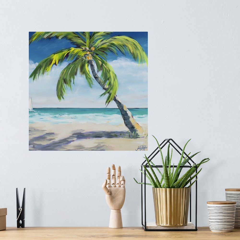 A bohemian room featuring Square painting of a relaxing coastal scene with a sandy beach and a big palm tree with a sailboa...
