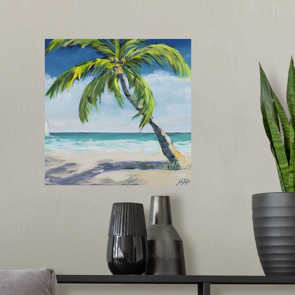 A modern room featuring Square painting of a relaxing coastal scene with a sandy beach and a big palm tree with a sailboa...