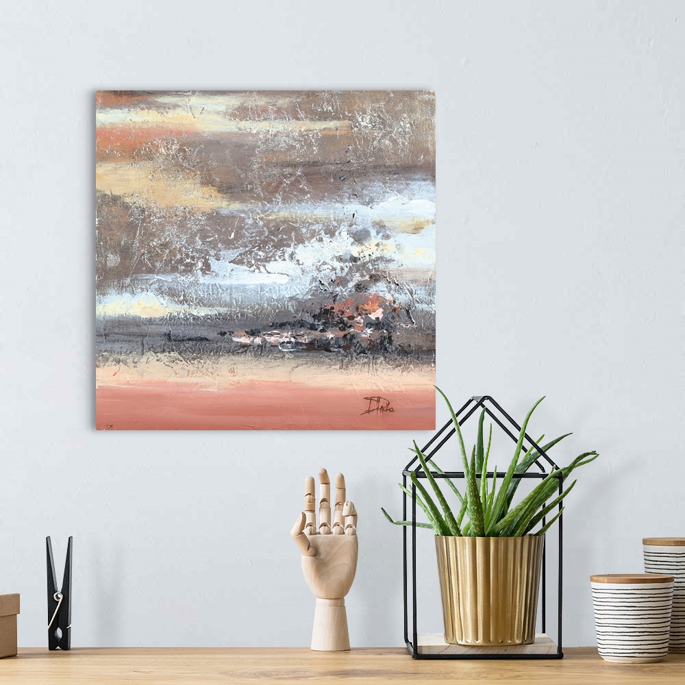 A bohemian room featuring Abstract artwork featuring an industrial ambience with orange, yellow and light blue brush stroke...