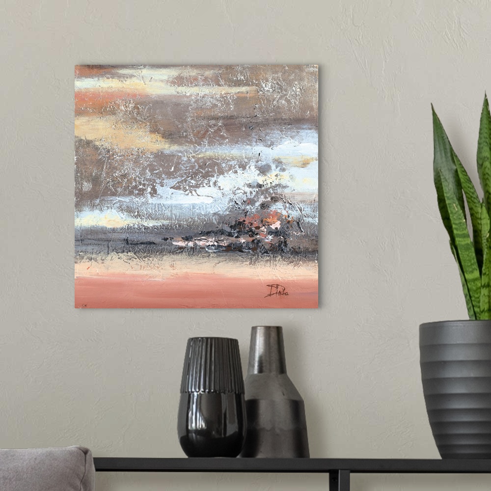 A modern room featuring Abstract artwork featuring an industrial ambience with orange, yellow and light blue brush stroke...