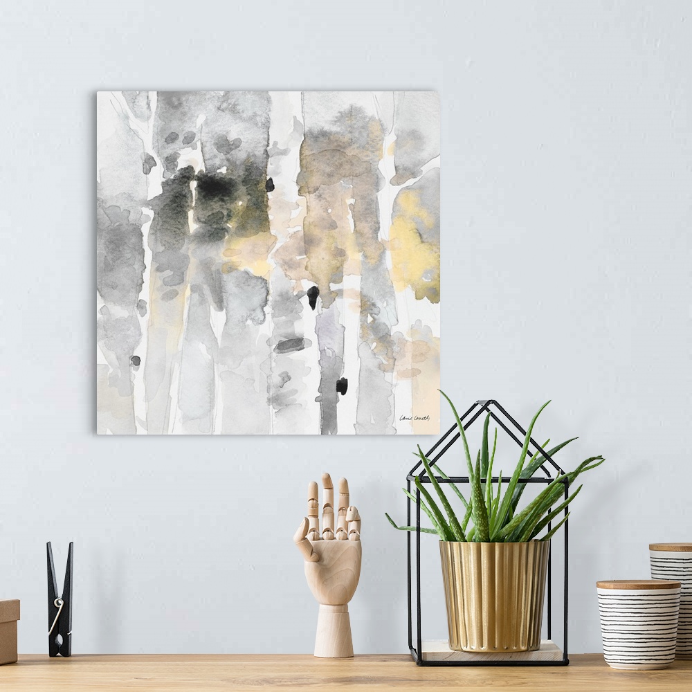 A bohemian room featuring Contemporary artwork featuring energetic watercolor dabs of color revealing birch trees in the ne...