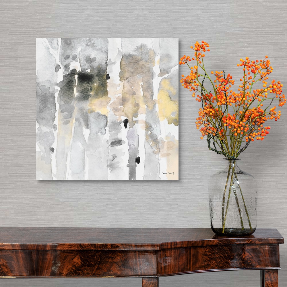 A traditional room featuring Contemporary artwork featuring energetic watercolor dabs of color revealing birch trees in the ne...