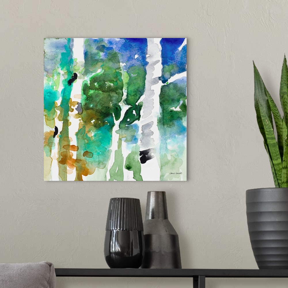 A modern room featuring Contemporary artwork featuring energetic watercolor dabs of color revealing birch trees in the ne...