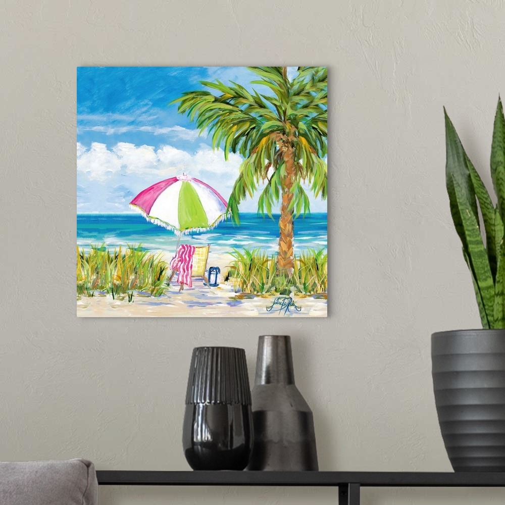 A modern room featuring Square painting of a relaxing beach scene with a chair and a colorful umbrella set up next to a p...