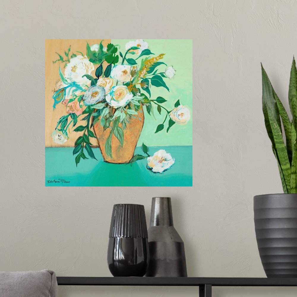 A modern room featuring Vase Of White Roses