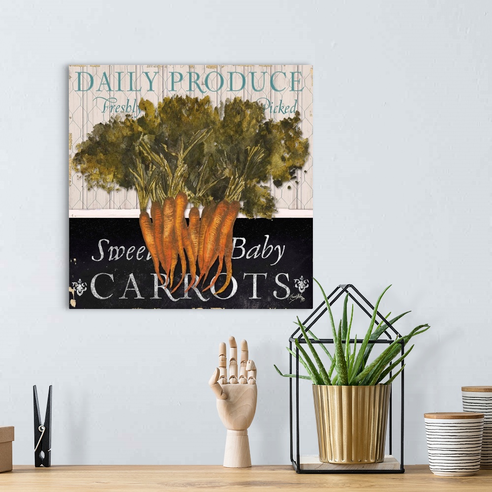 A bohemian room featuring "Daily Produce Freshly Picked Sweet Baby Carrots"