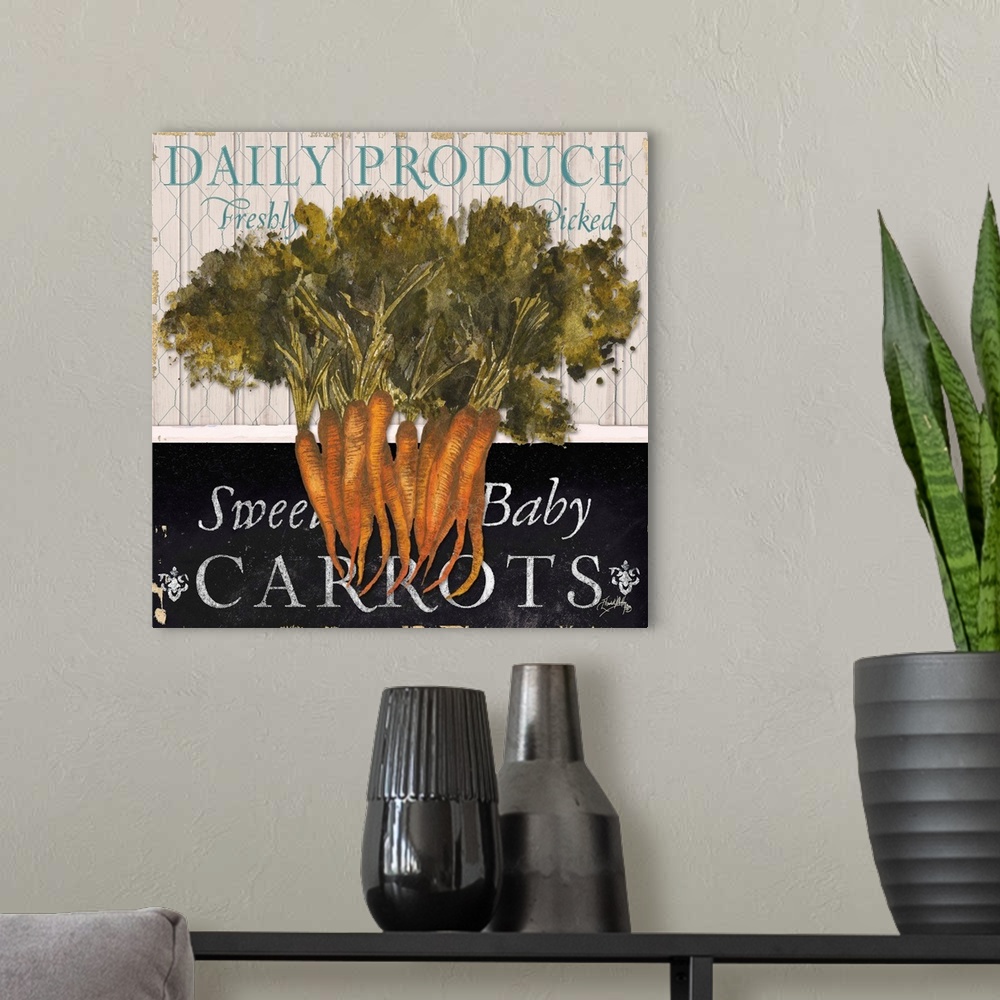 A modern room featuring "Daily Produce Freshly Picked Sweet Baby Carrots"