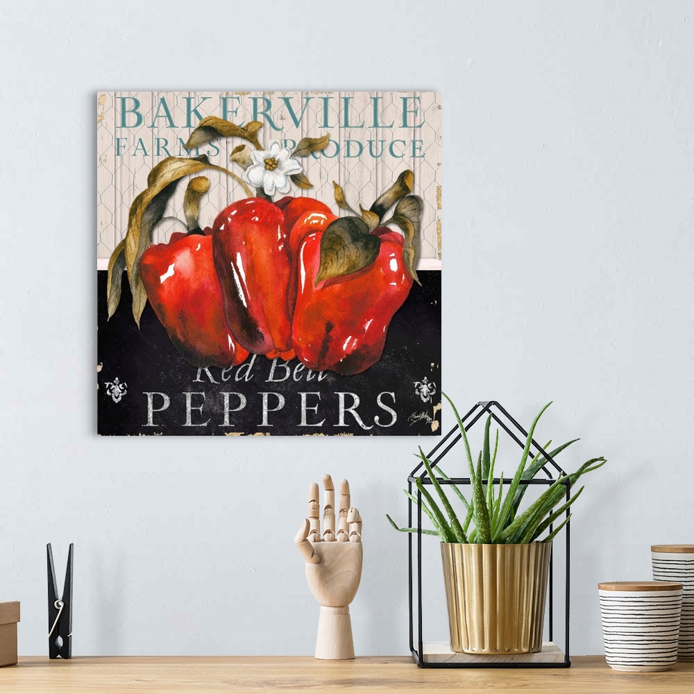 A bohemian room featuring "Bakerville Farms Produce Red Bell Peppers"