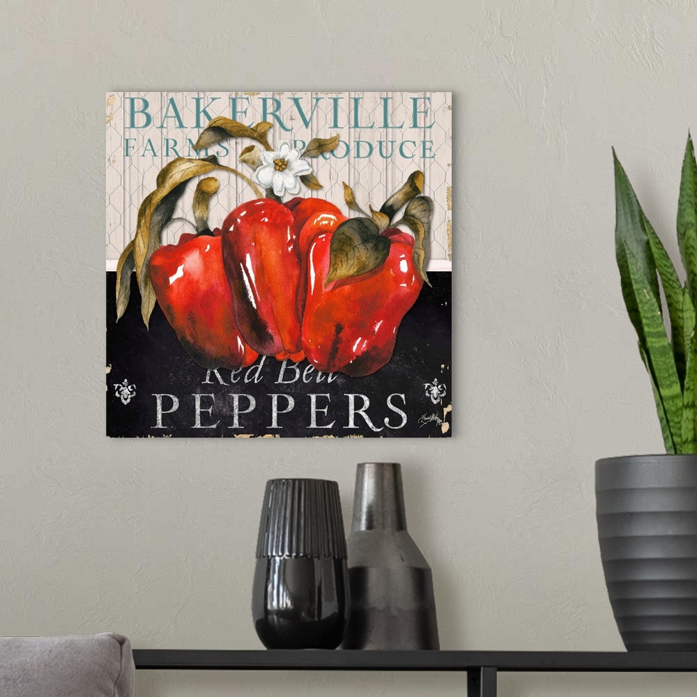 A modern room featuring "Bakerville Farms Produce Red Bell Peppers"