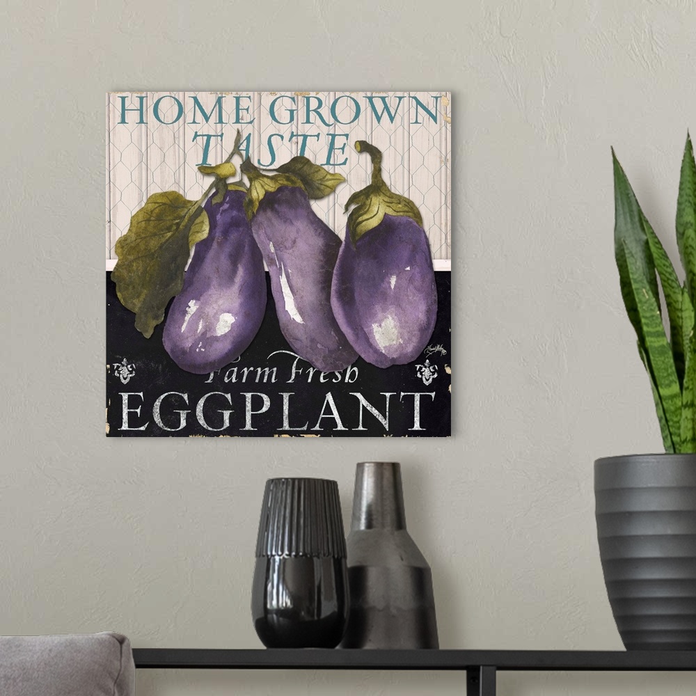 A modern room featuring "Home Grown Farm Fresh Eggplant"