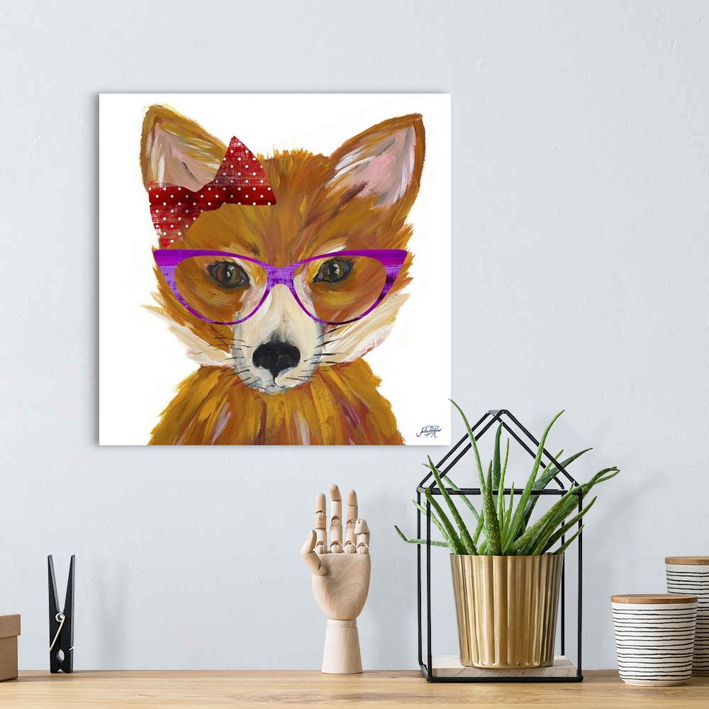 A bohemian room featuring Square painting of a female fox wearing purple glasses and a red bow with white polka dots.
