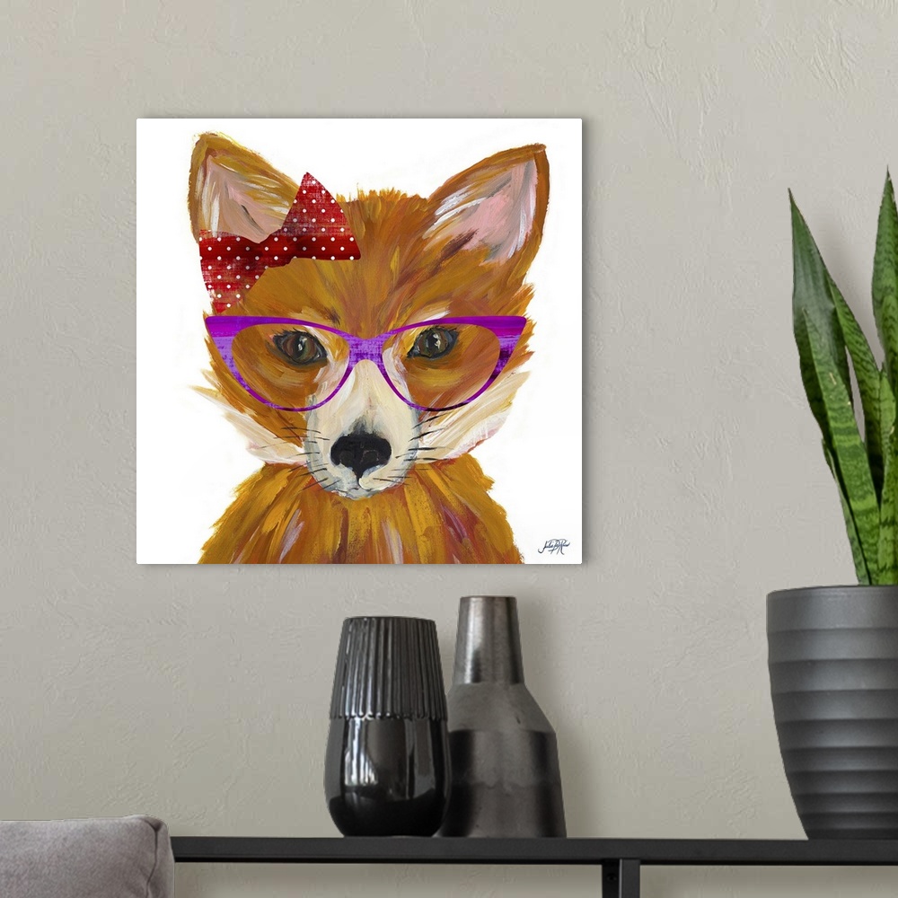 A modern room featuring Square painting of a female fox wearing purple glasses and a red bow with white polka dots.