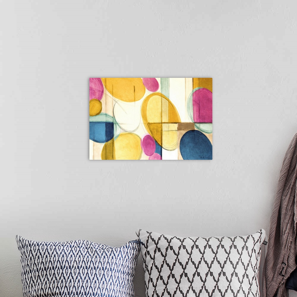 A bohemian room featuring Abstract painting in colorful circular shapes and intersecting lines.