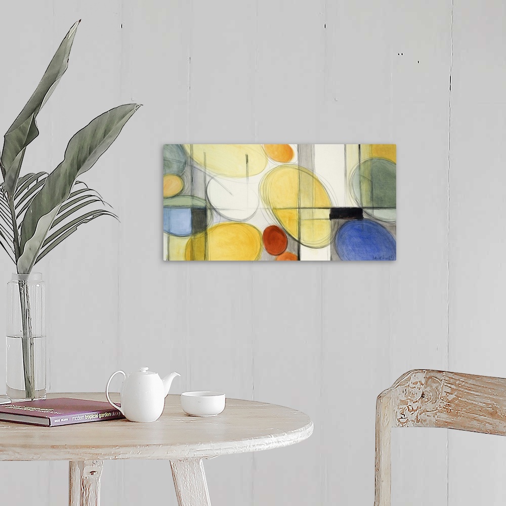 A farmhouse room featuring Abstract painting in colorful circular shapes and intersecting lines.