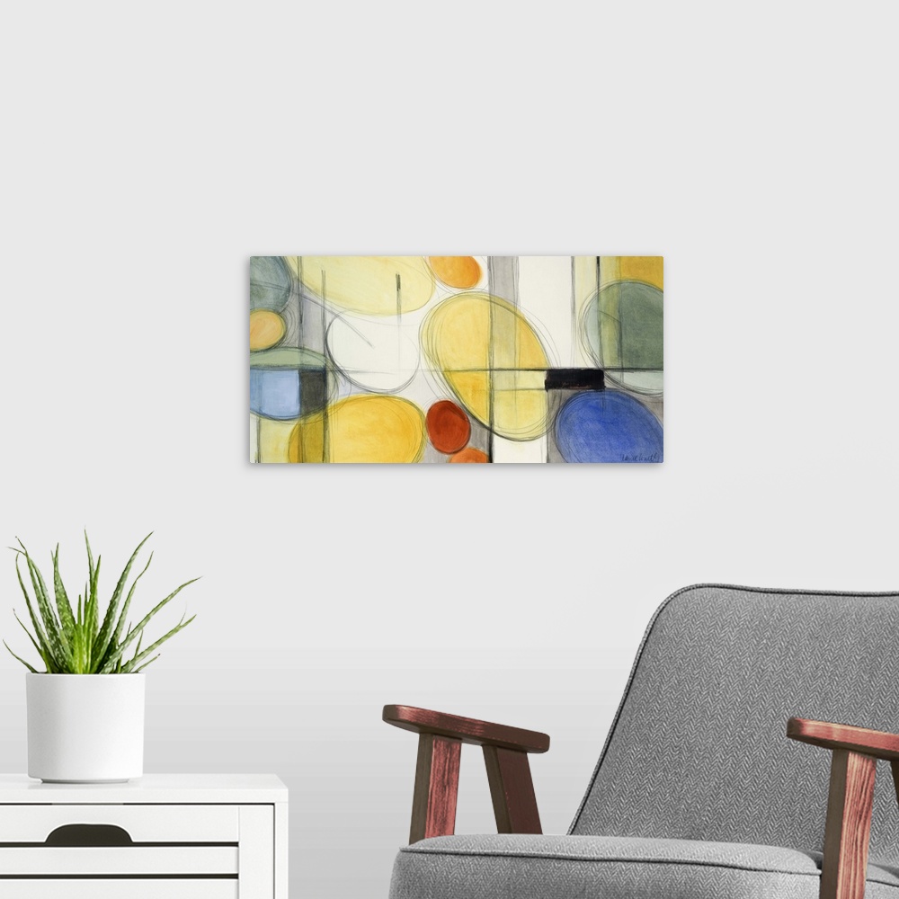 A modern room featuring Abstract painting in colorful circular shapes and intersecting lines.