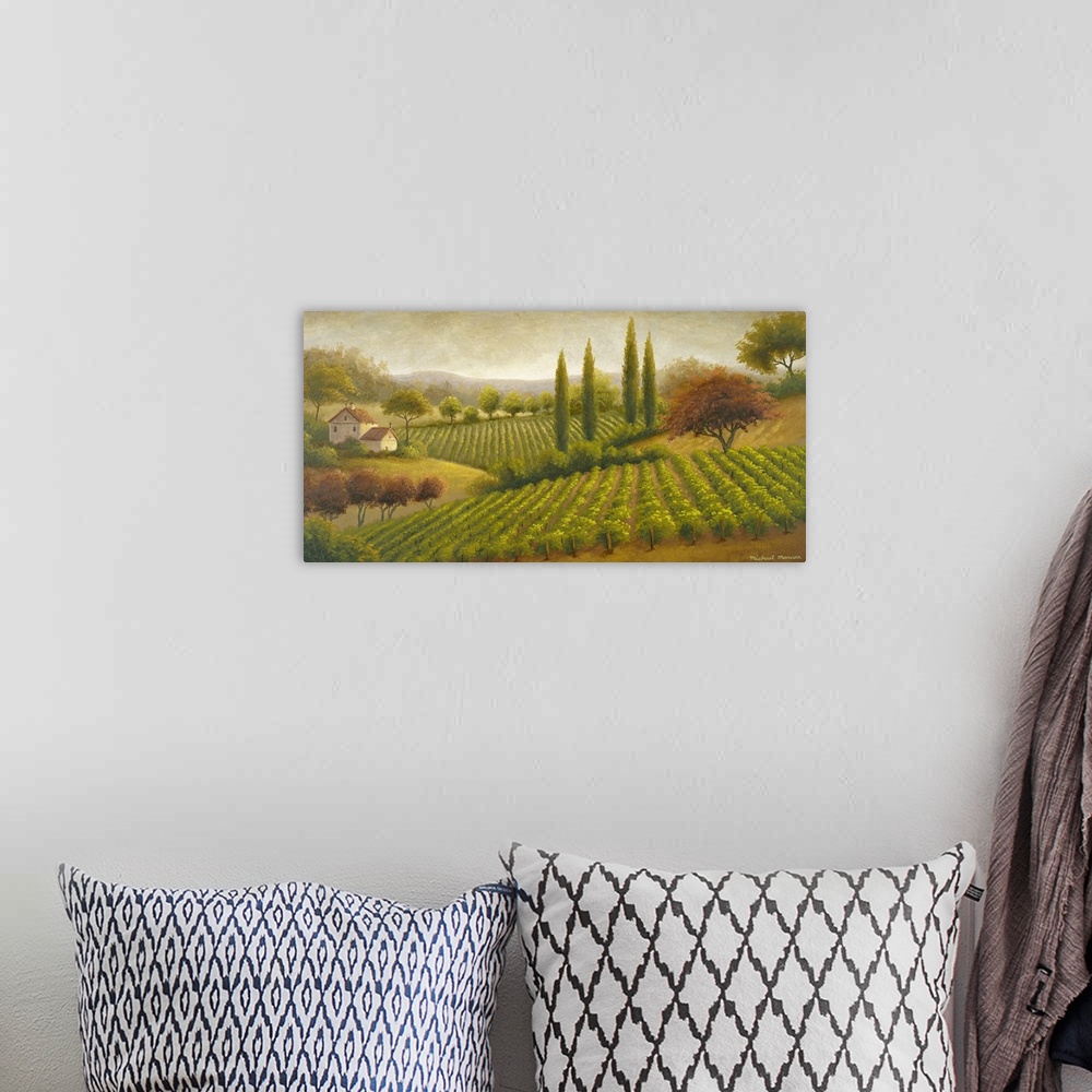 A bohemian room featuring Contemporary painting of a serene Tuscan countryside with tall cypress trees, rows of grapevines ...