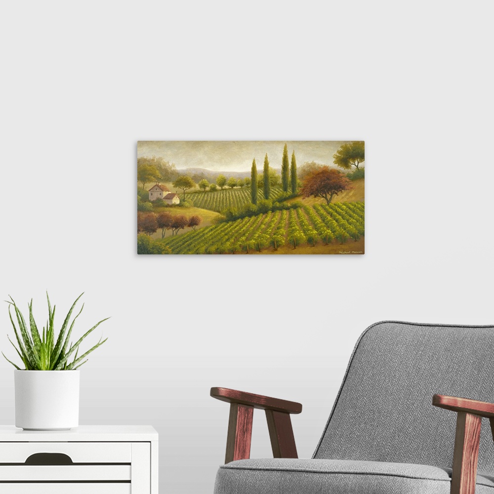 A modern room featuring Contemporary painting of a serene Tuscan countryside with tall cypress trees, rows of grapevines ...