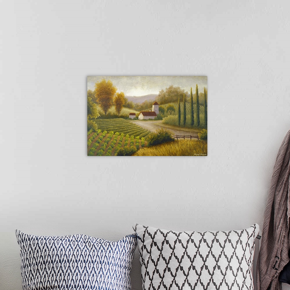 A bohemian room featuring This is horizontal painting by a contemporary artist showing crops growing in the country side ar...