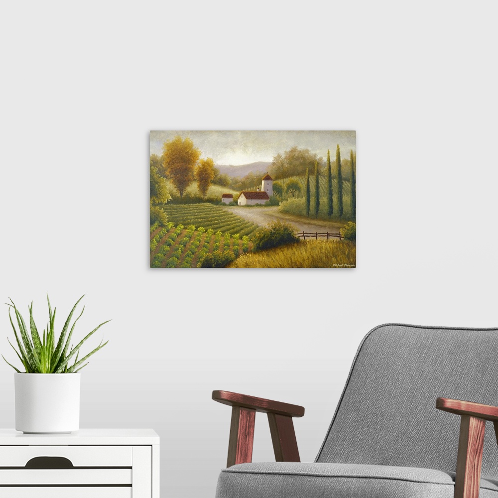 A modern room featuring This is horizontal painting by a contemporary artist showing crops growing in the country side ar...