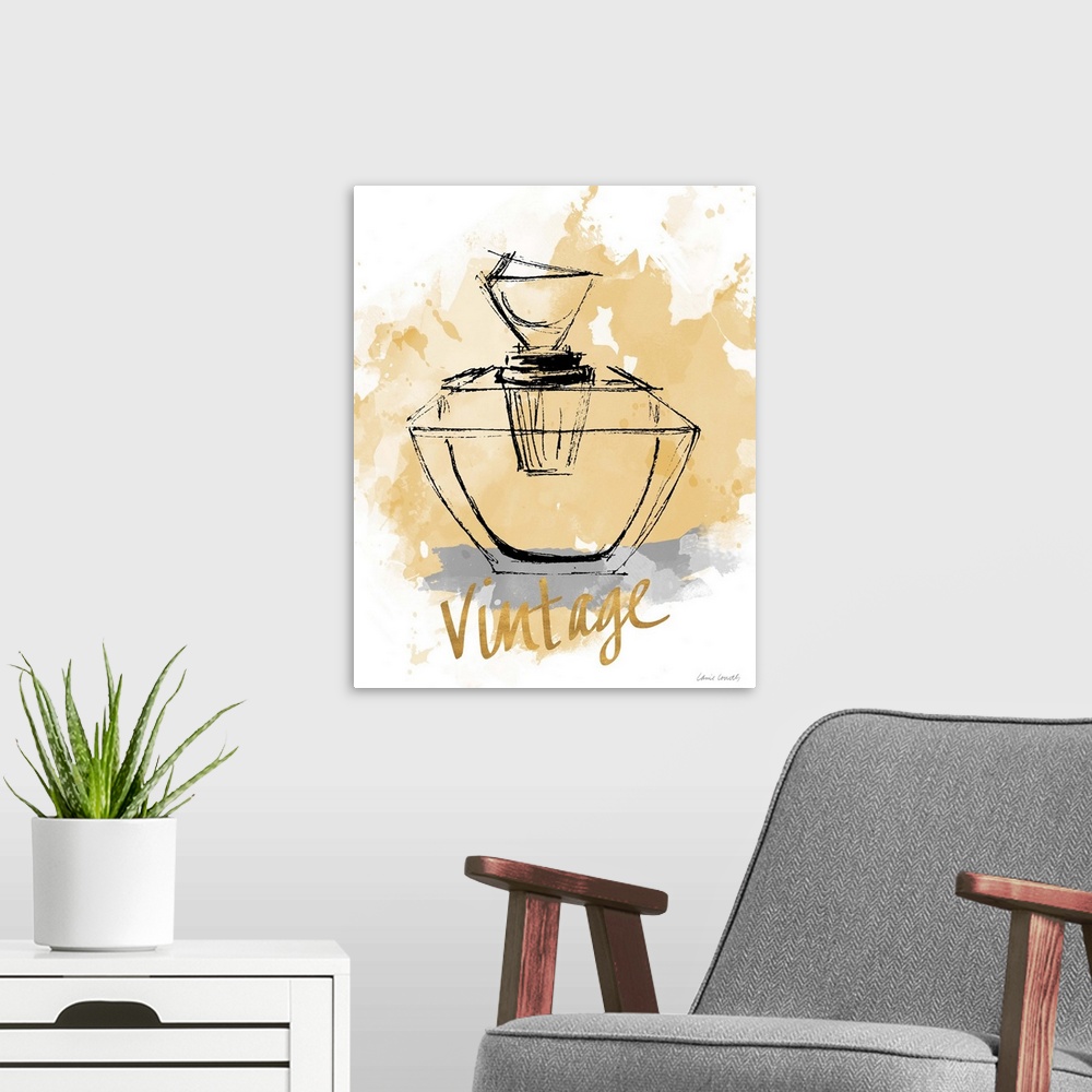 A modern room featuring Black outline of a perfume bottle on a gold paint splatter background with the word "Vintage" wri...
