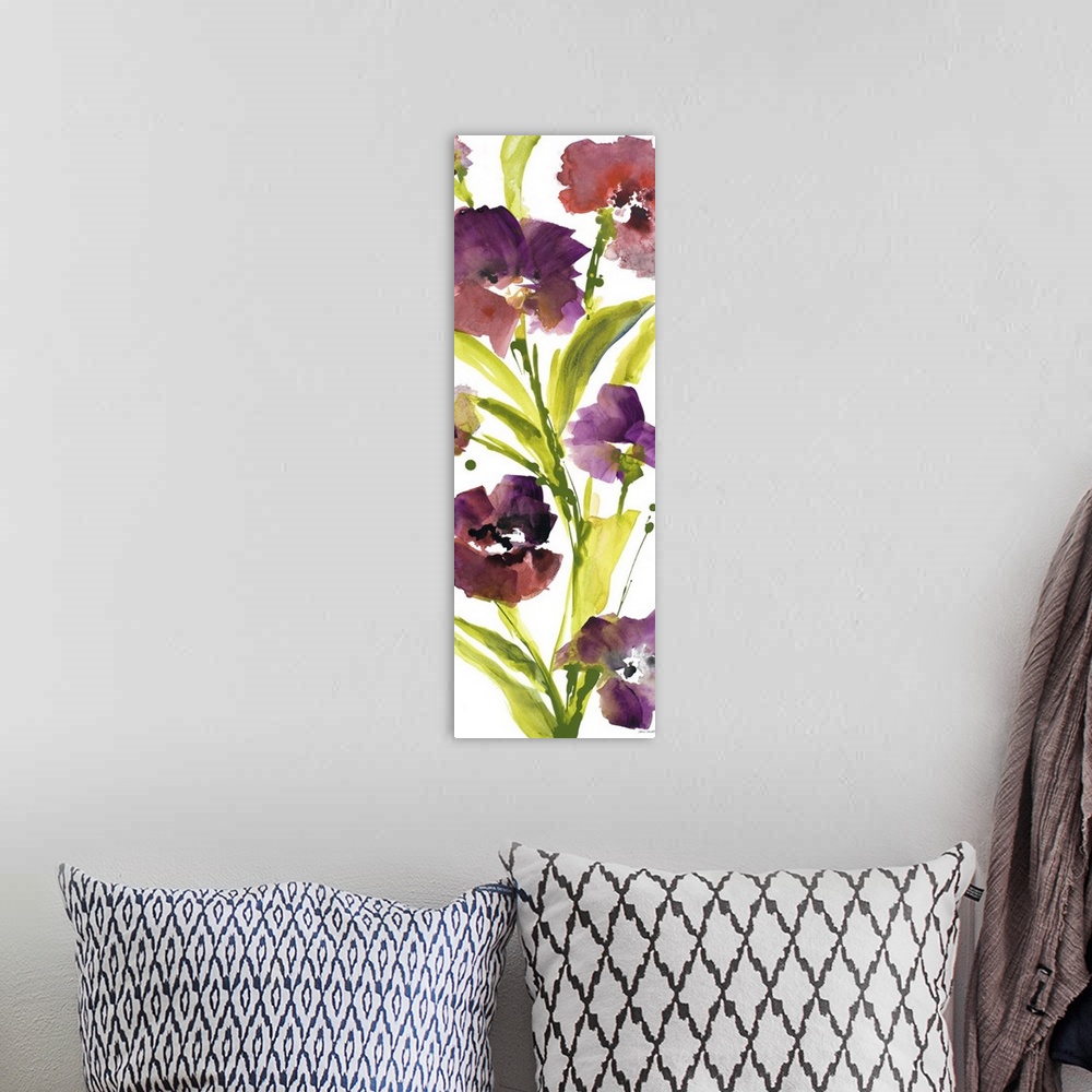 A bohemian room featuring Contemporary watercolor painting of bright purple flowers.