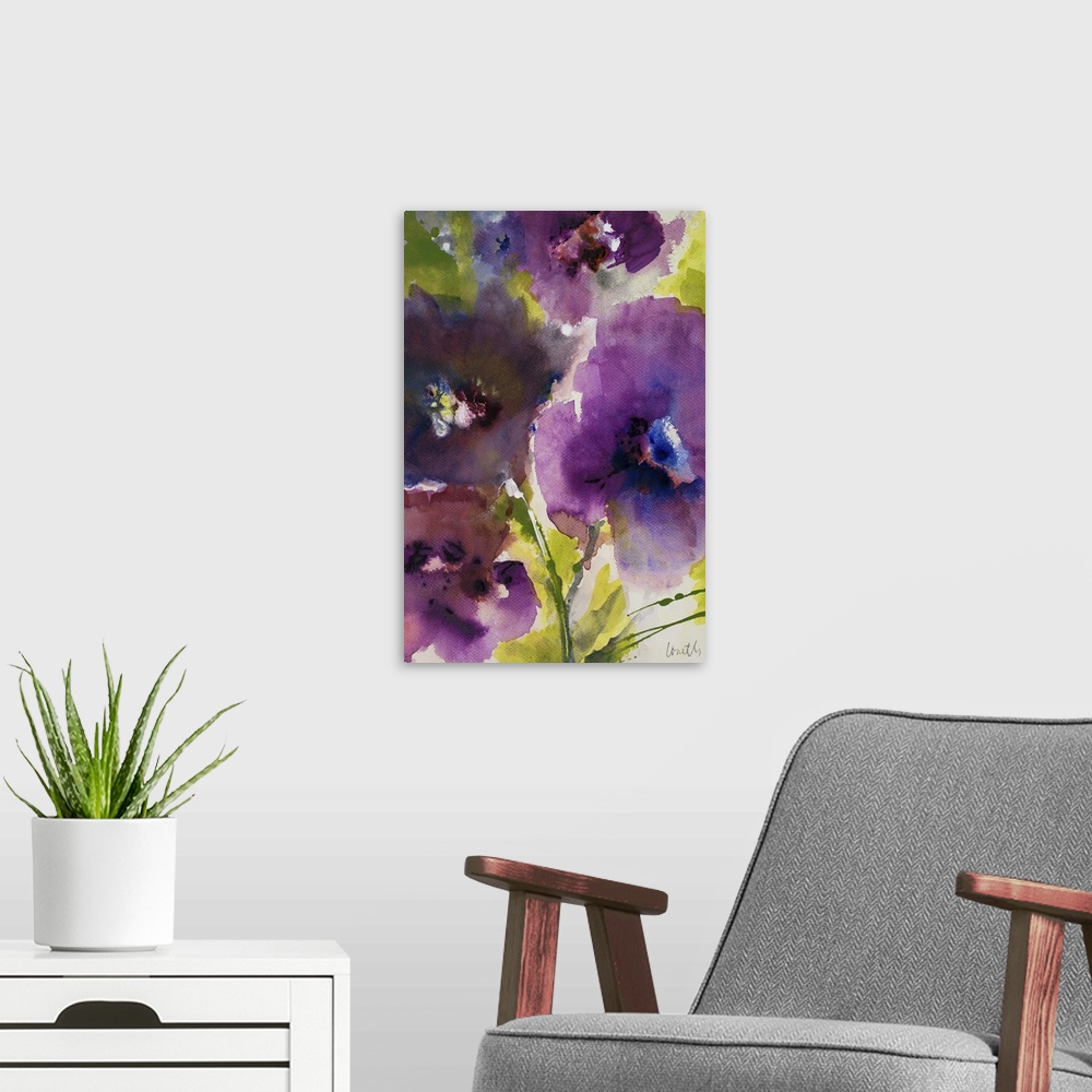 A modern room featuring Contemporary watercolor painting of bright purple flowers.