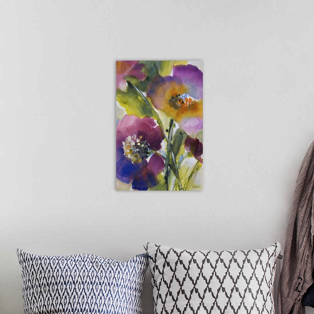 A bohemian room featuring Contemporary watercolor painting of bright purple flowers.