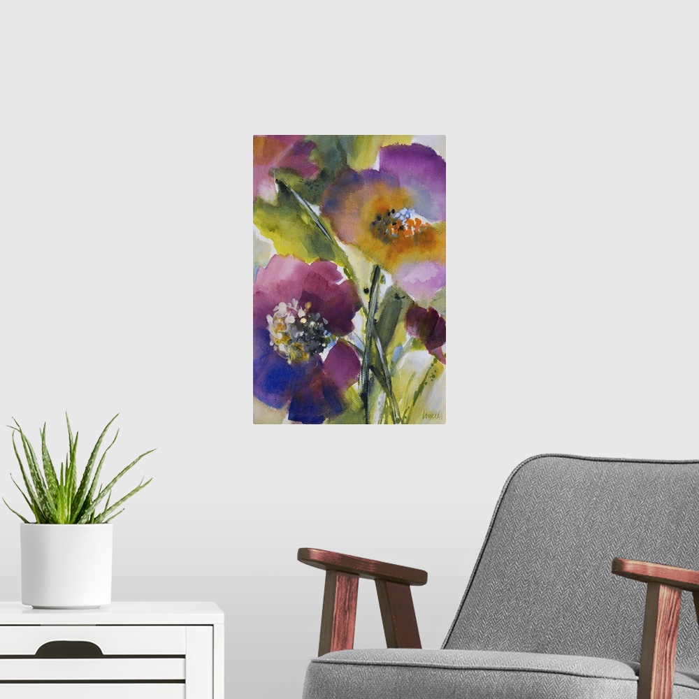 A modern room featuring Contemporary watercolor painting of bright purple flowers.
