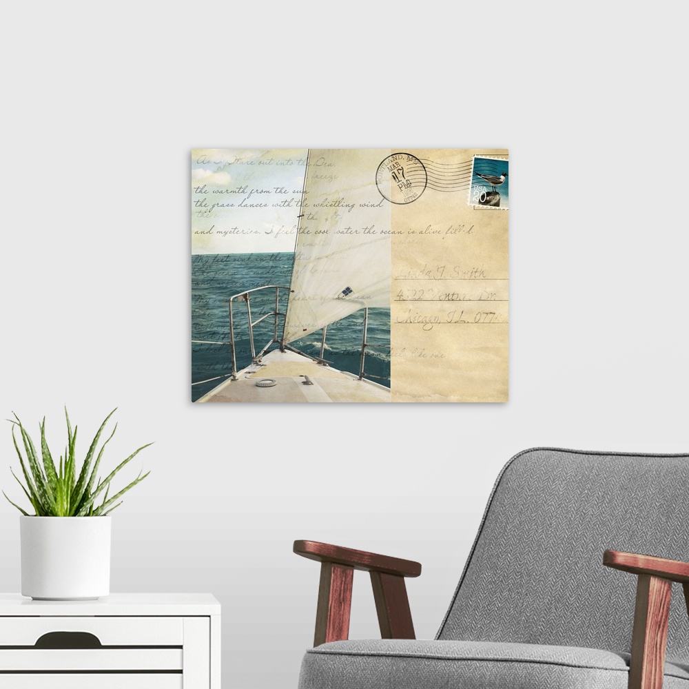 A modern room featuring Big print of a postcard with the front tip of a sailboat sailing in the ocean on the left and han...