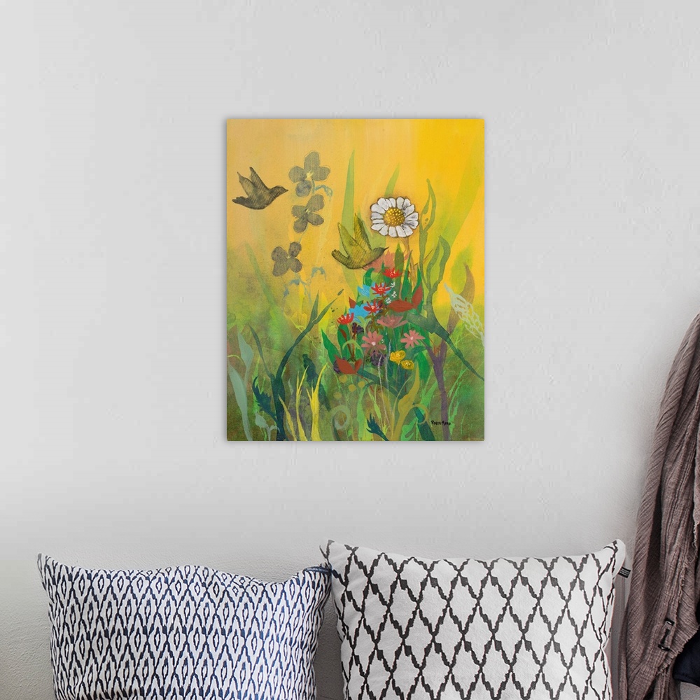 A bohemian room featuring Contemporary painting of a daisy and other flowers in a garden with two small birds.