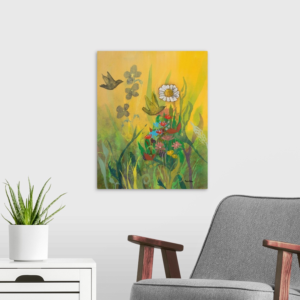 A modern room featuring Contemporary painting of a daisy and other flowers in a garden with two small birds.