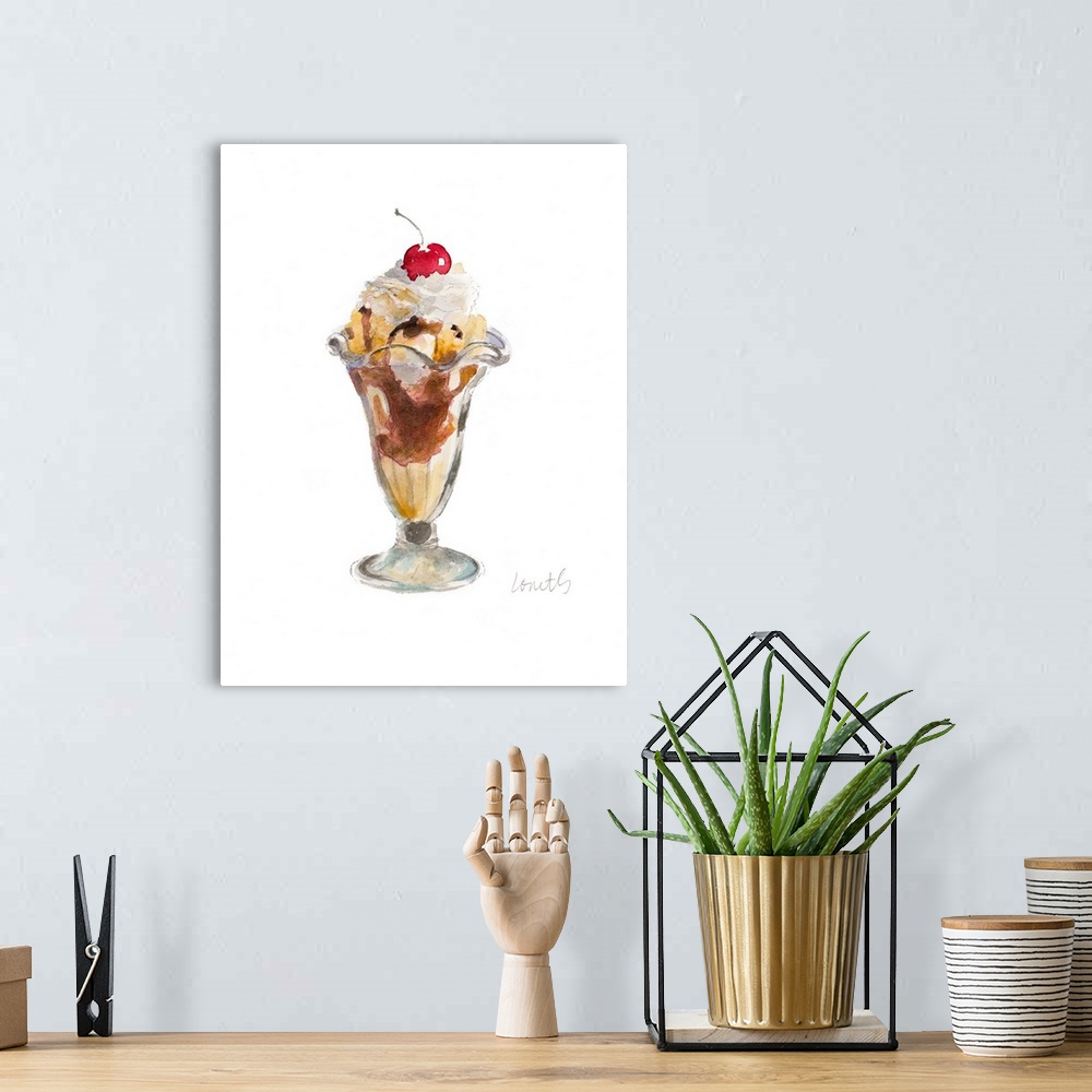 A bohemian room featuring Watercolor painting of a classic ice cream sundae with a cherry on top.