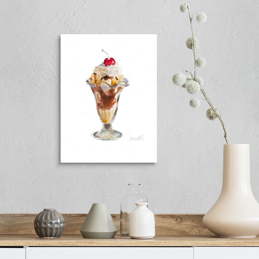 A farmhouse room featuring Watercolor painting of a classic ice cream sundae with a cherry on top.