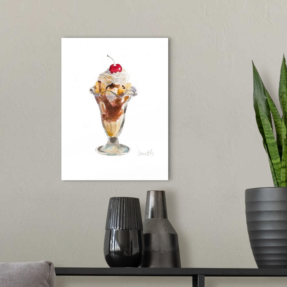 A modern room featuring Watercolor painting of a classic ice cream sundae with a cherry on top.