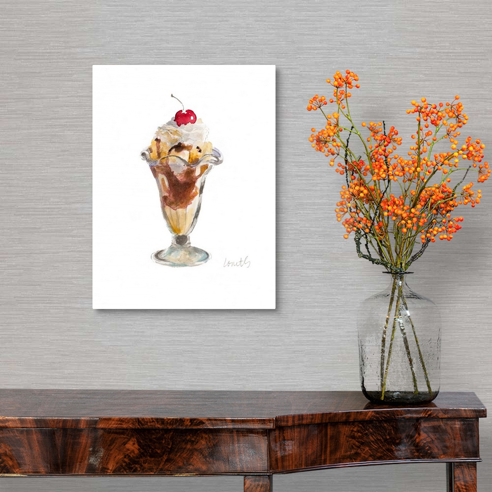 A traditional room featuring Watercolor painting of a classic ice cream sundae with a cherry on top.