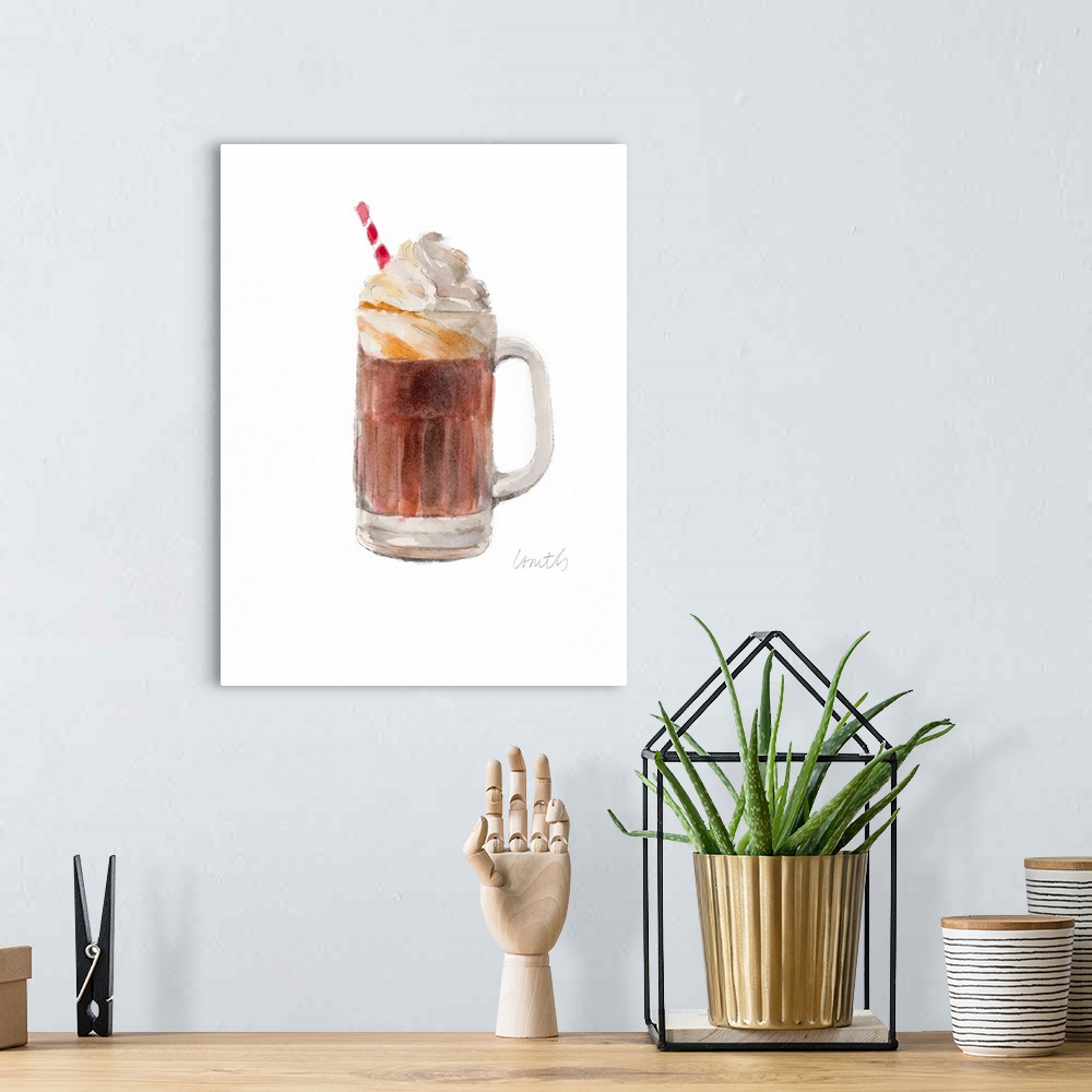A bohemian room featuring Watercolor painting of a classic root beer float with a red and white striped straw.