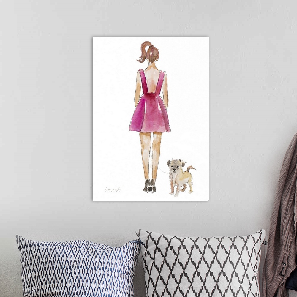 A bohemian room featuring Watercolor painting of a girl wearing a pink dress with her back to us, walking her dog.