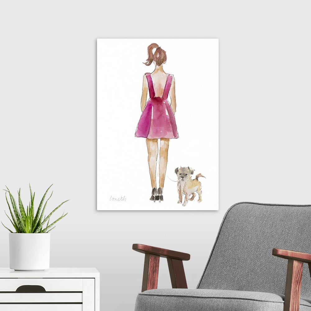 A modern room featuring Watercolor painting of a girl wearing a pink dress with her back to us, walking her dog.