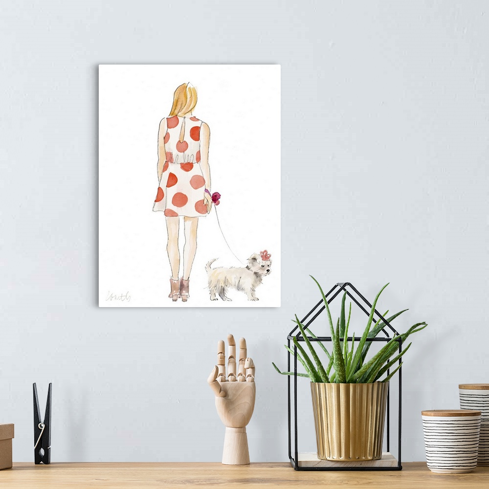 A bohemian room featuring Watercolor painting of a girl wearing a white dress with orange polka dots with her back to us, w...