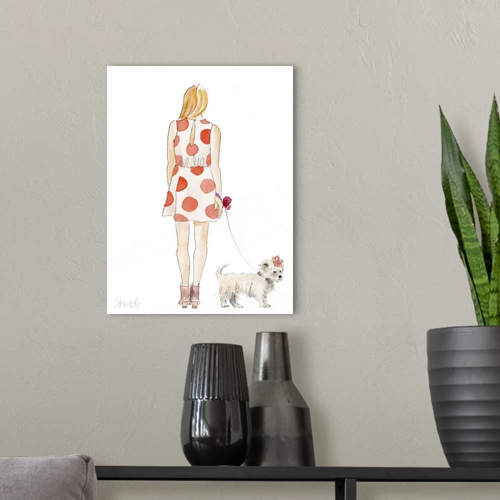 A modern room featuring Watercolor painting of a girl wearing a white dress with orange polka dots with her back to us, w...