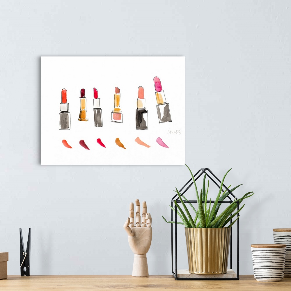 A bohemian room featuring Watercolor painting of lipstick tubes in different shades of color with a sample of each color be...