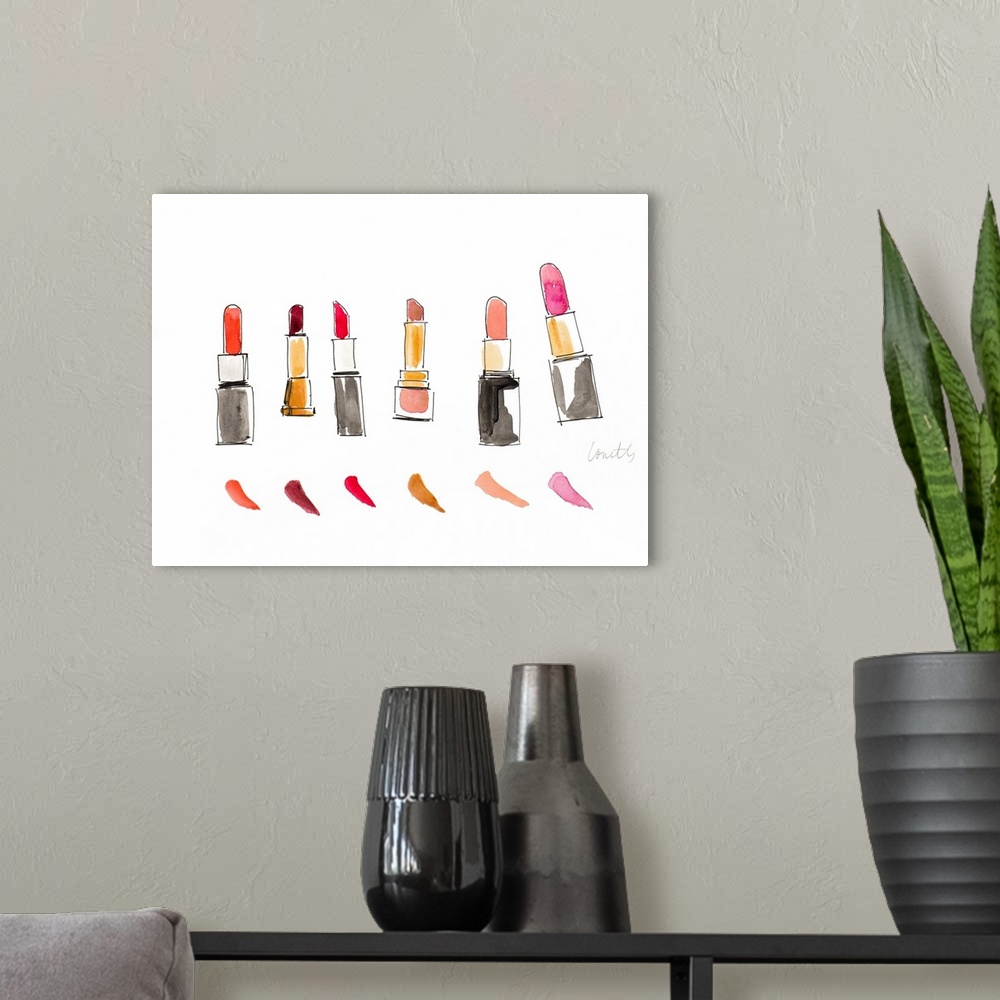 A modern room featuring Watercolor painting of lipstick tubes in different shades of color with a sample of each color be...