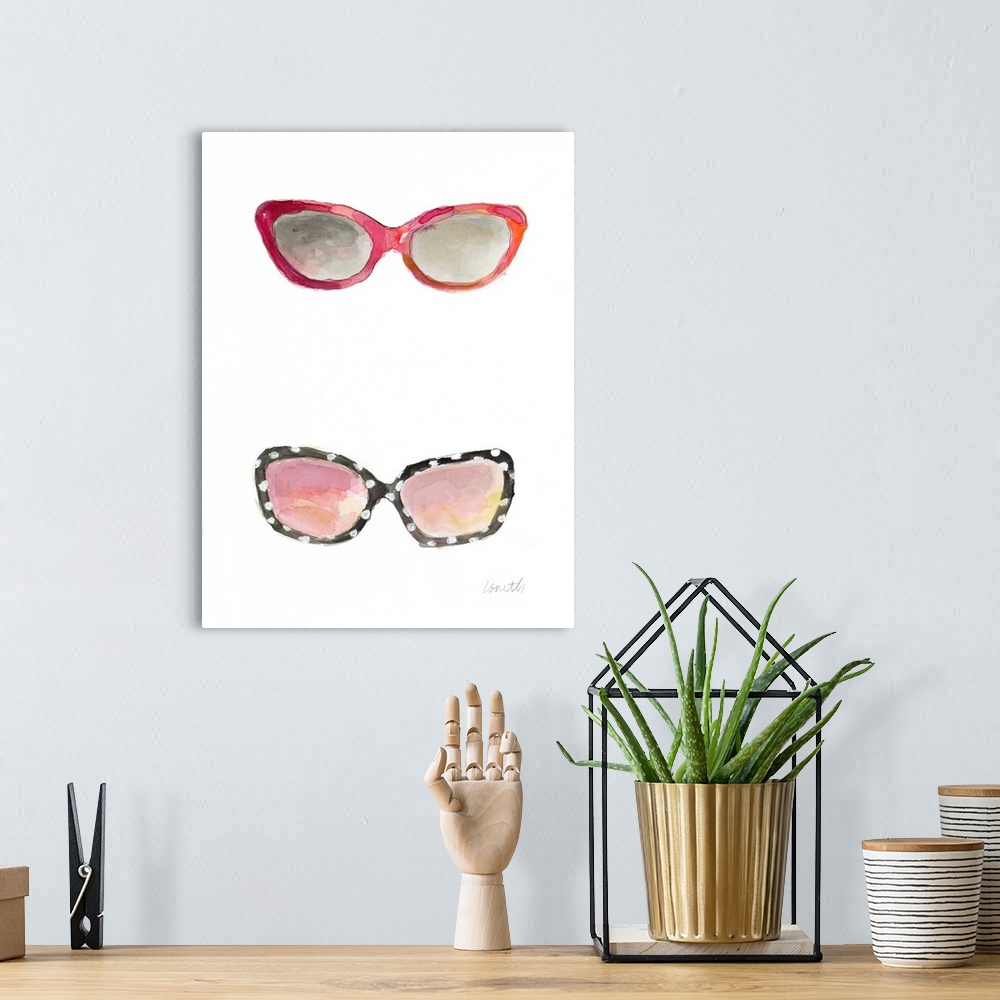 A bohemian room featuring Water color painting of two pairs of sunglasses, one in shades of red and orange and the other bl...