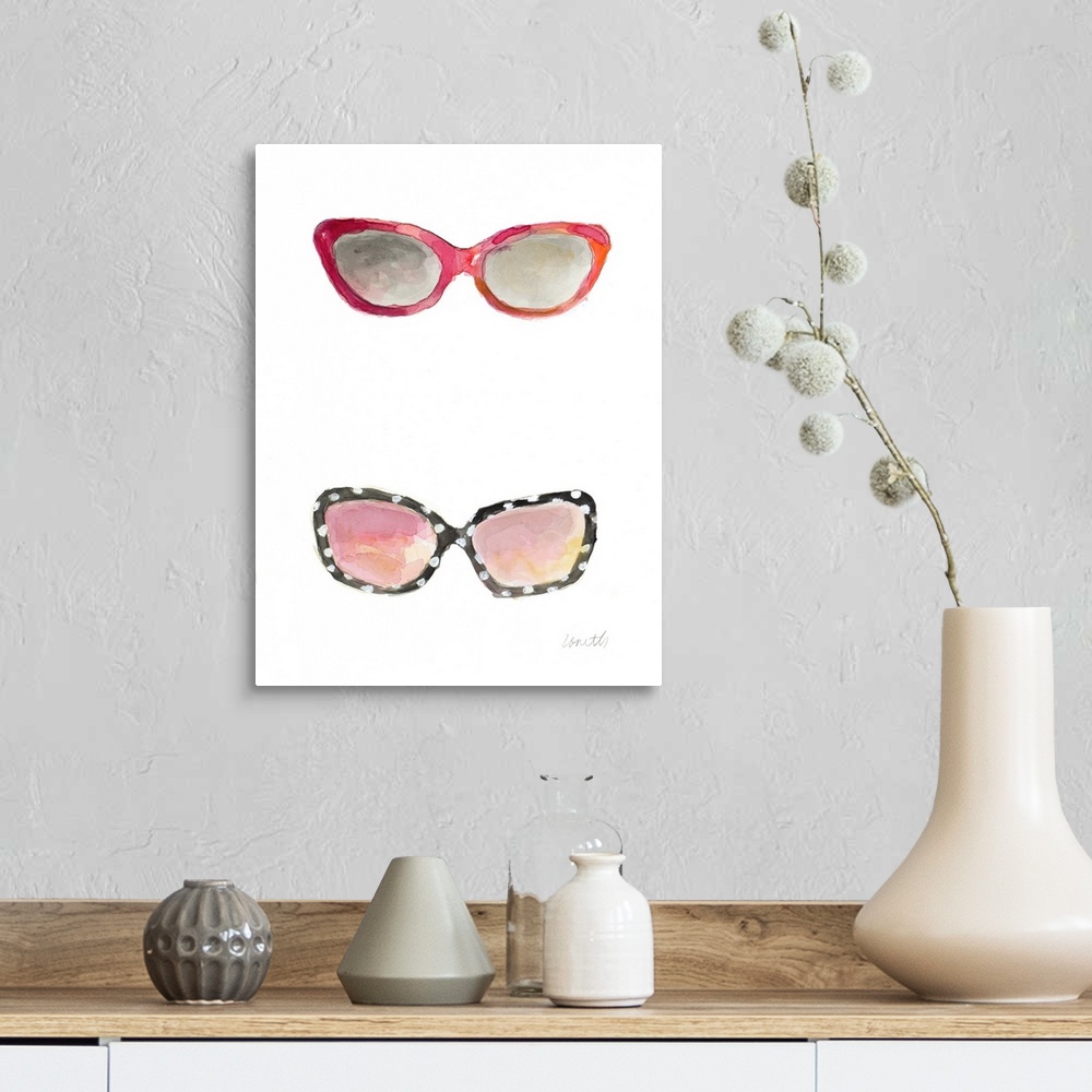 A farmhouse room featuring Water color painting of two pairs of sunglasses, one in shades of red and orange and the other bl...