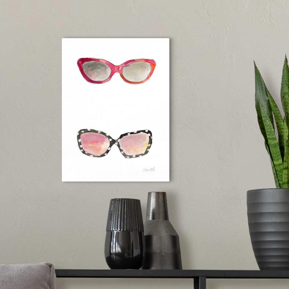 A modern room featuring Water color painting of two pairs of sunglasses, one in shades of red and orange and the other bl...