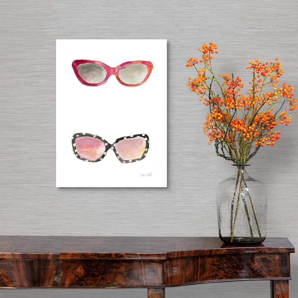 A traditional room featuring Water color painting of two pairs of sunglasses, one in shades of red and orange and the other bl...