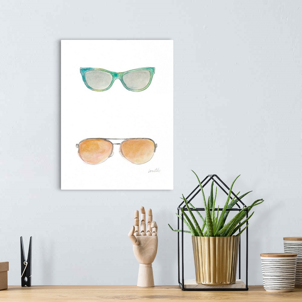 A bohemian room featuring Watercolor painting of two pairs of sunglasses, one in blue-green and the other, aviators with or...