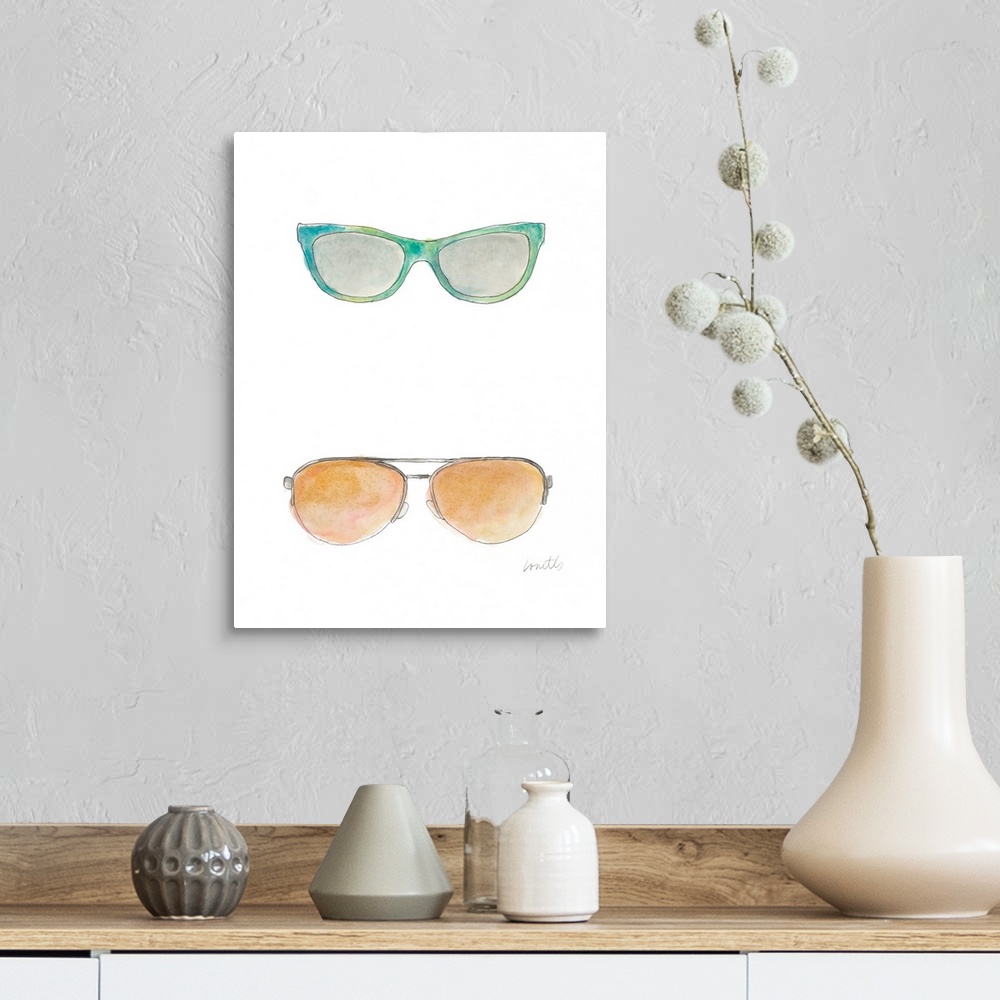 A farmhouse room featuring Watercolor painting of two pairs of sunglasses, one in blue-green and the other, aviators with or...