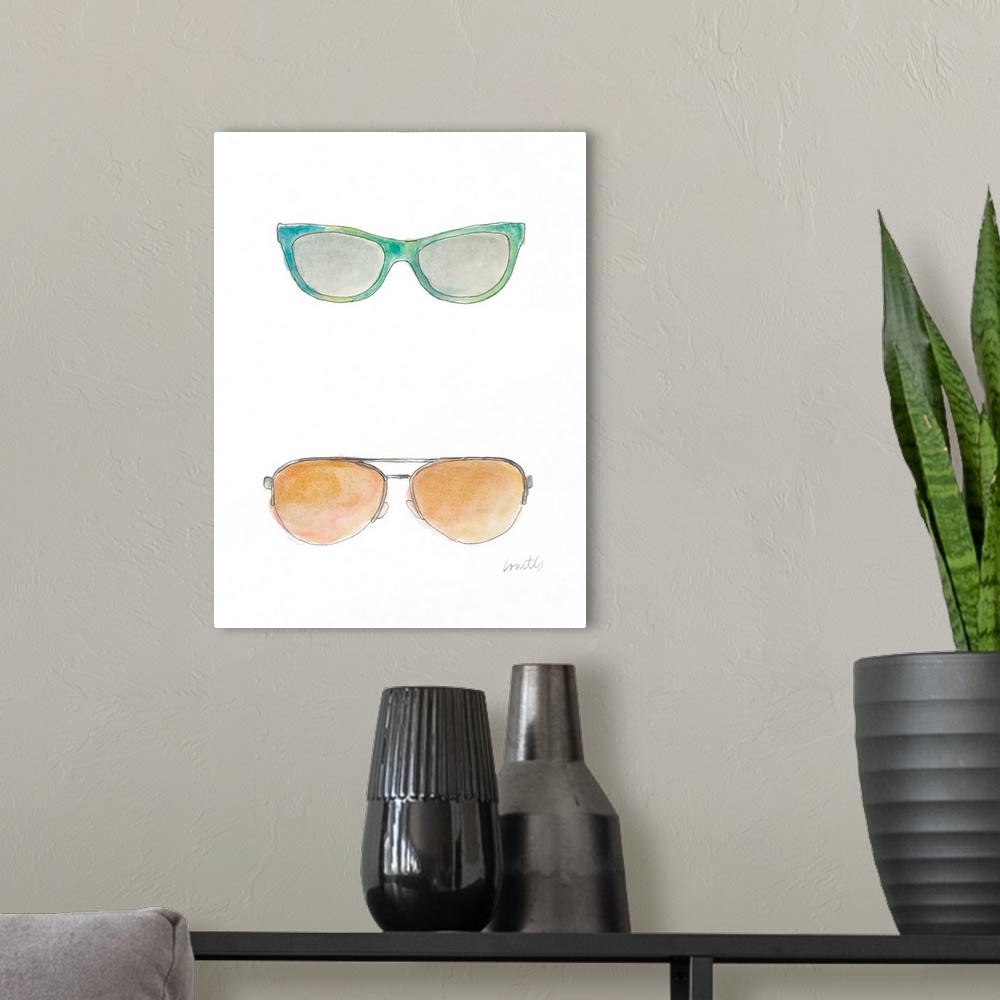 A modern room featuring Watercolor painting of two pairs of sunglasses, one in blue-green and the other, aviators with or...