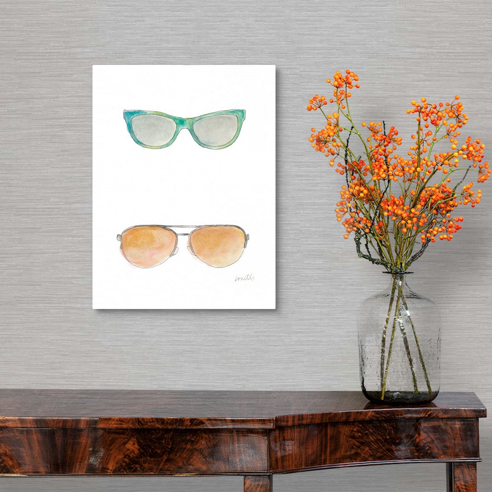 A traditional room featuring Watercolor painting of two pairs of sunglasses, one in blue-green and the other, aviators with or...